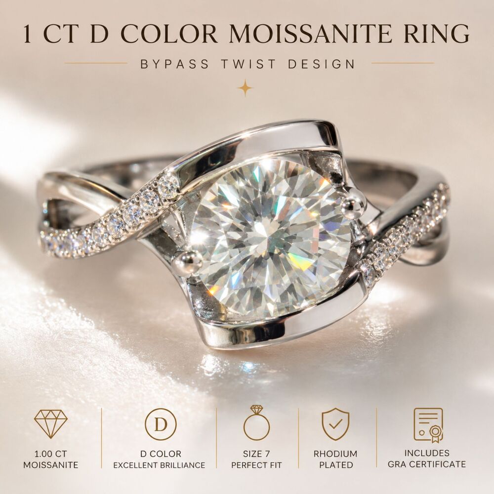 1 CT D Color Moissanite Bypass Twist Ring Size 7 Rhodium Plated